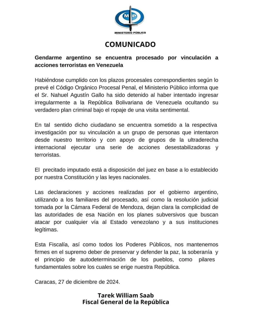 MP venezolano acusa a gendarme argentino de terrorista